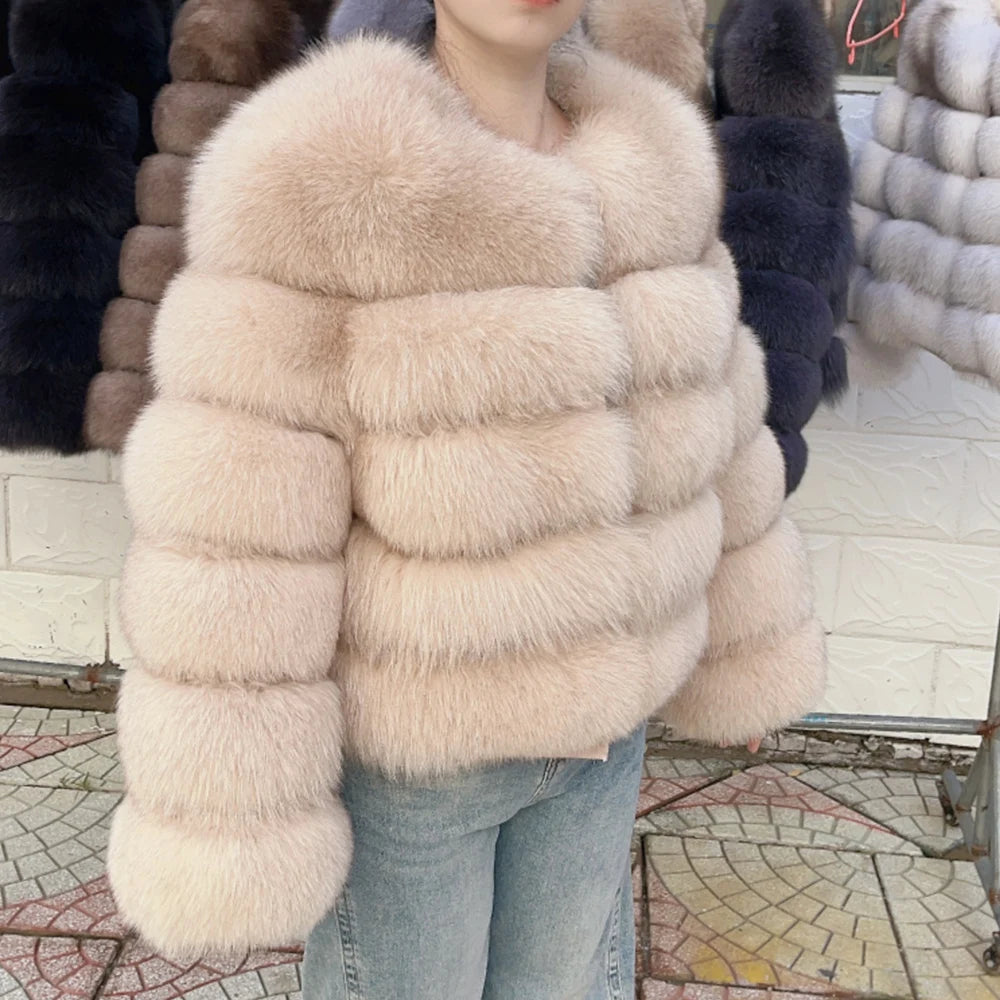 100% Fox Fur Coat Women's Fashion Brown