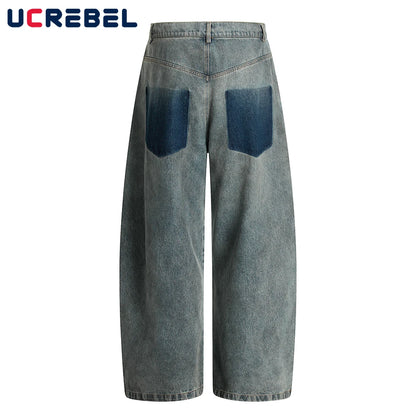 Ripped Jeans Mens With Rivets Pocket Retro High Street Washed Distressed Loose Wide leg Denim Pants Men