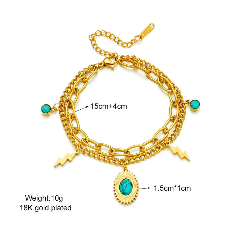 MEYRROYU 316 Stainless Steel Vintage Green Stone Heart Tassel Multilayer Charm Bracelet for Women Wedding Jewelry Beach брелок