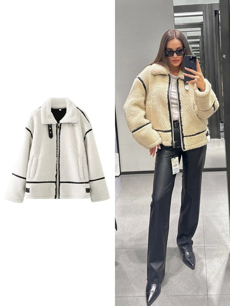 High Street Fashion Biker Jacket European and American Style Casual Fur One-piece Lamb Fur Clash Colour Warm Coat