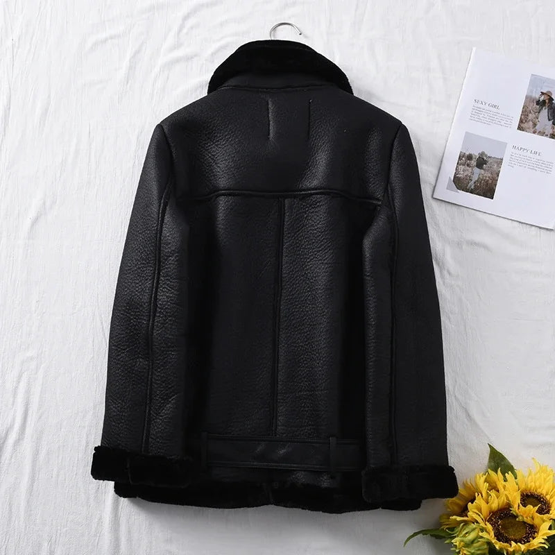 Faux Fur Jacket with Belt Streetwear Female Moto Biker Loose Thicken