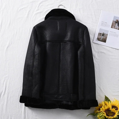 Faux Fur Jacket with Belt Streetwear Female Moto Biker Loose Thicken