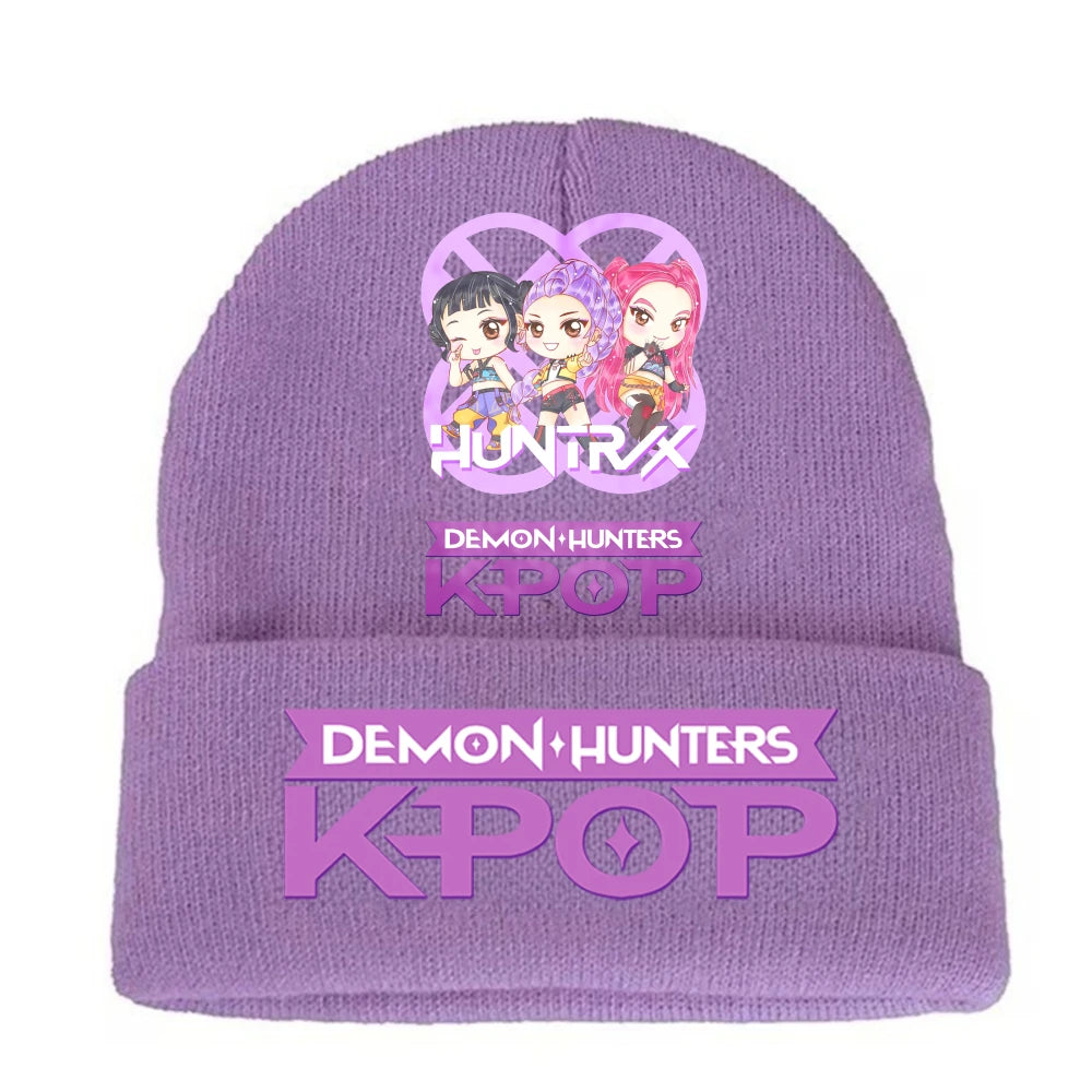 K-pop Demon Hunters Children Knit Hat Kawaii Cartoon Printed Beanie Autumn Girls Winter Outdoor Sports Warm Hat Birthday Gifts