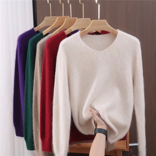 Cashmere V-Neck Pullover Fashion Basic Soft Warm Clothing 100% Mink Cashmere