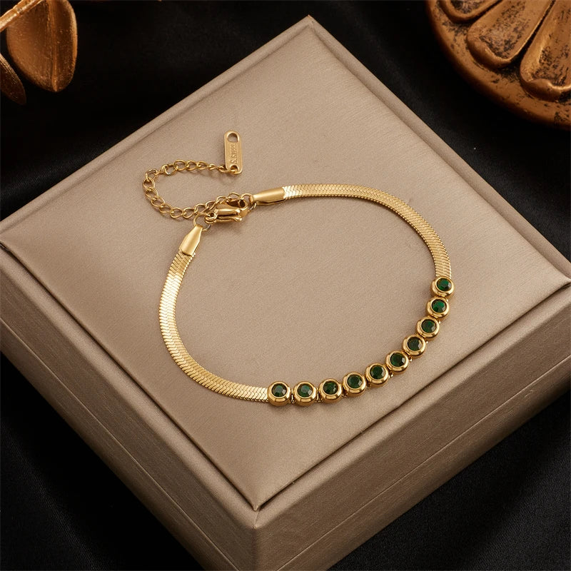 MEYRROYU 316 Stainless Steel Vintage Green Stone Heart Tassel Multilayer Charm Bracelet for Women Wedding Jewelry Beach брелок