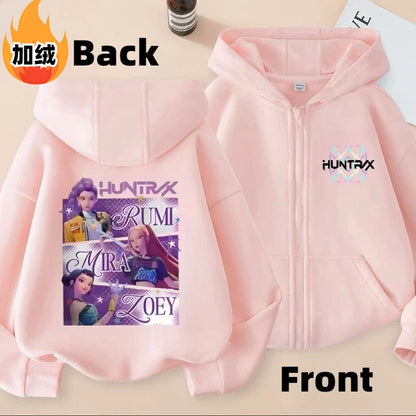 KPop Demon Hunters Rumi Mira Zoey Secondary Cartoon Printed Casual Fleece Jacket Creative Anime Peripheral All-match Hooded Top