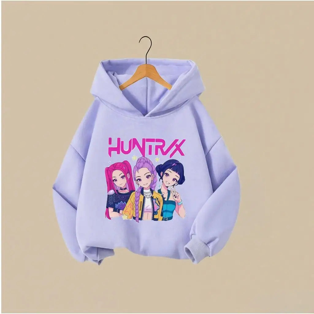 KPOP Hunters Huntrix Girl Fashion Clothes Kids Hoodie Cute Character Print With Star Casual Hooded Sweatshirt Boys Girls Costume