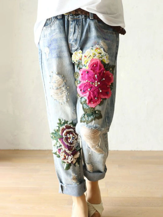 Summer Casual Floral Embroidery Denim Trousers Ladies Elegant New Females Loose Harem Pants
