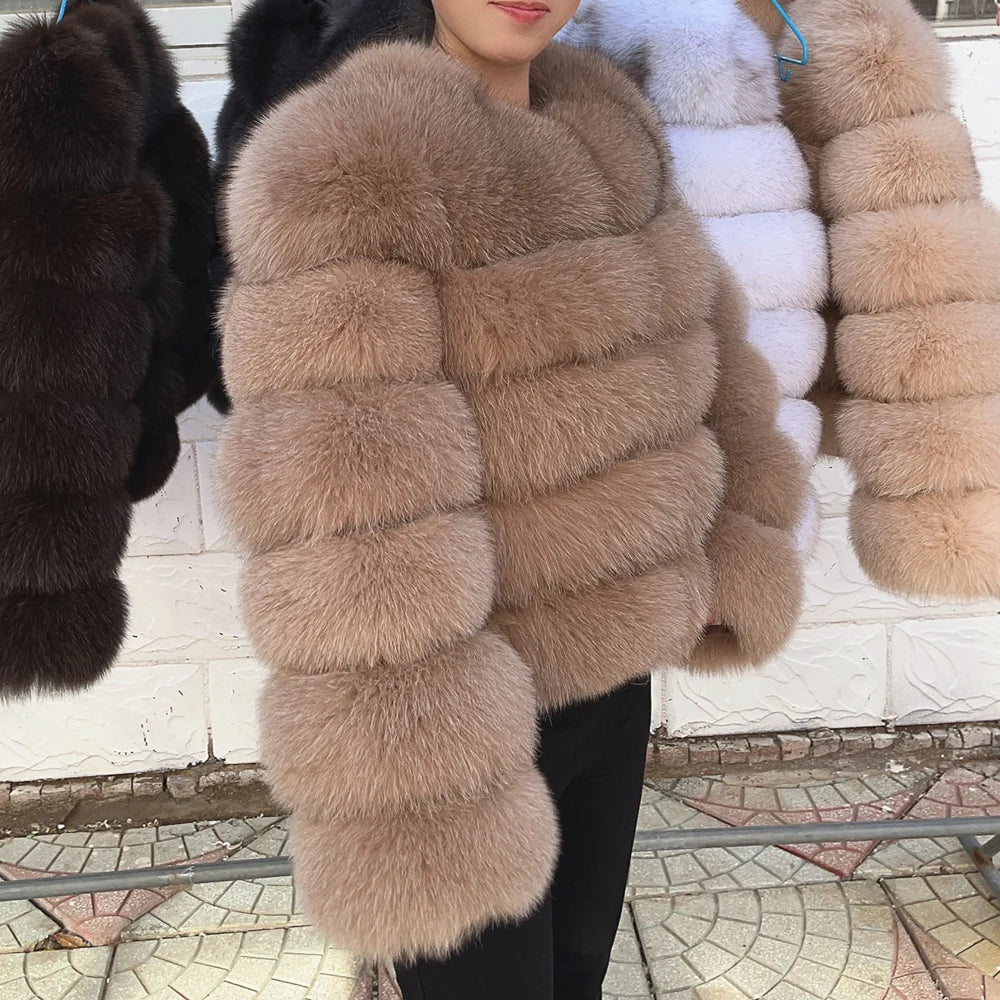 100% Fox Fur Coat Women's Fashion Brown