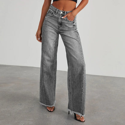 High-waisted Straight-leg Furred Jeans, Women's New Fashion High-waisted Wide-leg Pants