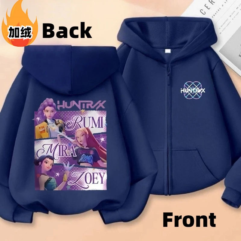 KPop Demon Hunters Rumi Mira Zoey Secondary Cartoon Printed Casual Fleece Jacket Creative Anime Peripheral All-match Hooded Top