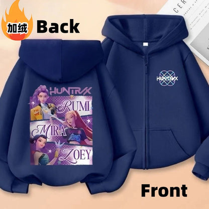 KPop Demon Hunters Rumi Mira Zoey Secondary Cartoon Printed Casual Fleece Jacket Creative Anime Peripheral All-match Hooded Top