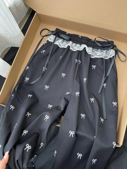 Baggy Sweet Bow Elastic Waist Aesthetic Versatile Jogger Wide Leg Pantalones Mujer