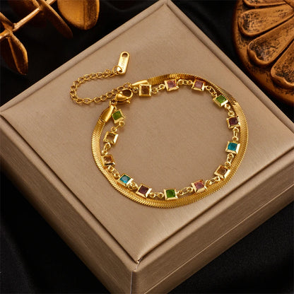 MEYRROYU 316 Stainless Steel Vintage Green Stone Heart Tassel Multilayer Charm Bracelet for Women Wedding Jewelry Beach брелок