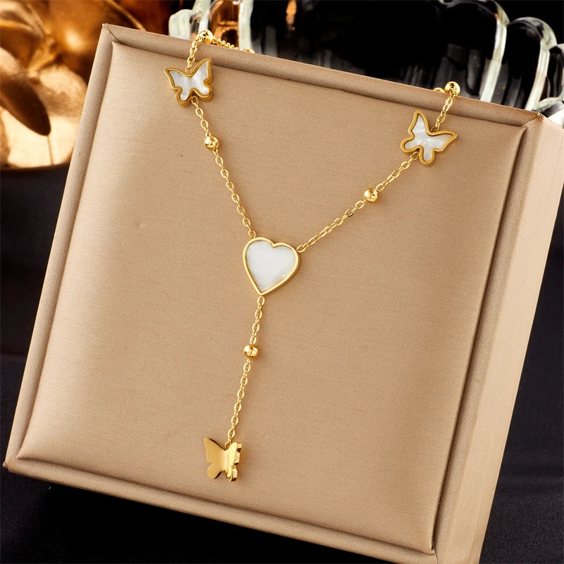 DIEYURO 316L Stainless Steel Heart Eye Square Butterfly Pendant Necklace For Women New Girls Choker Clavicle Chain Jewelry Gifts