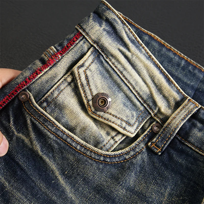 High end jeans for men, American retro nostalgic washed slim fit, small straight tube elastic autumn and winter trendy pants