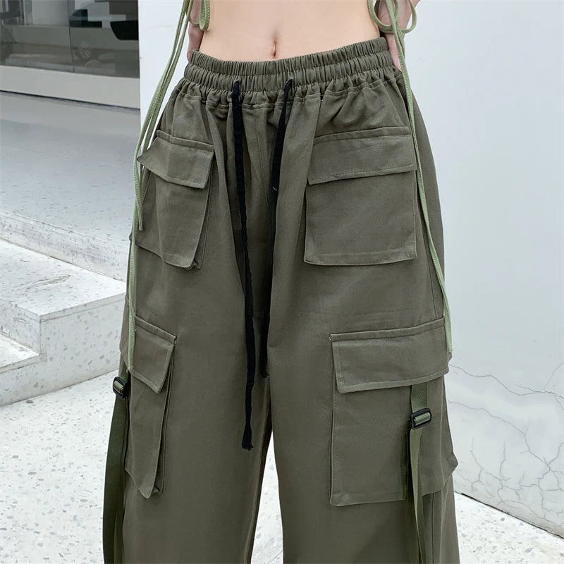 Cotton High Street Cargo Pants for Women Men with Ribbon High Waist Wide Leg Hip-hop Cool Dances Pants Ladies