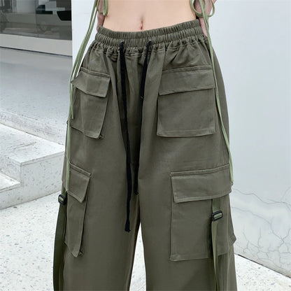 Cotton High Street Cargo Pants for Women Men with Ribbon High Waist Wide Leg Hip-hop Cool Dances Pants Ladies