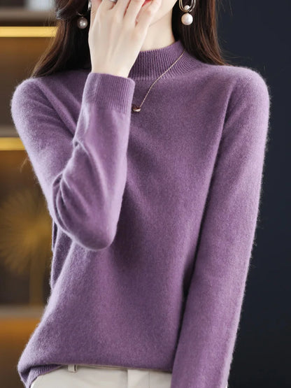 100% Merino Wool Sweater Mock-Neck Cashmere Pullover Long Sleeve