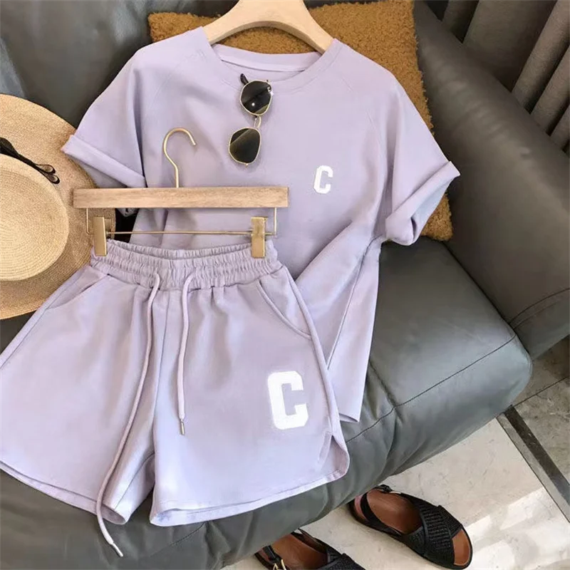 Women Tracksuit C Letter Print Short Sleeve T-shirt Drawstring Shorts Sport Suit Lady Exercise T-shirt Shorts Two-piece Suit