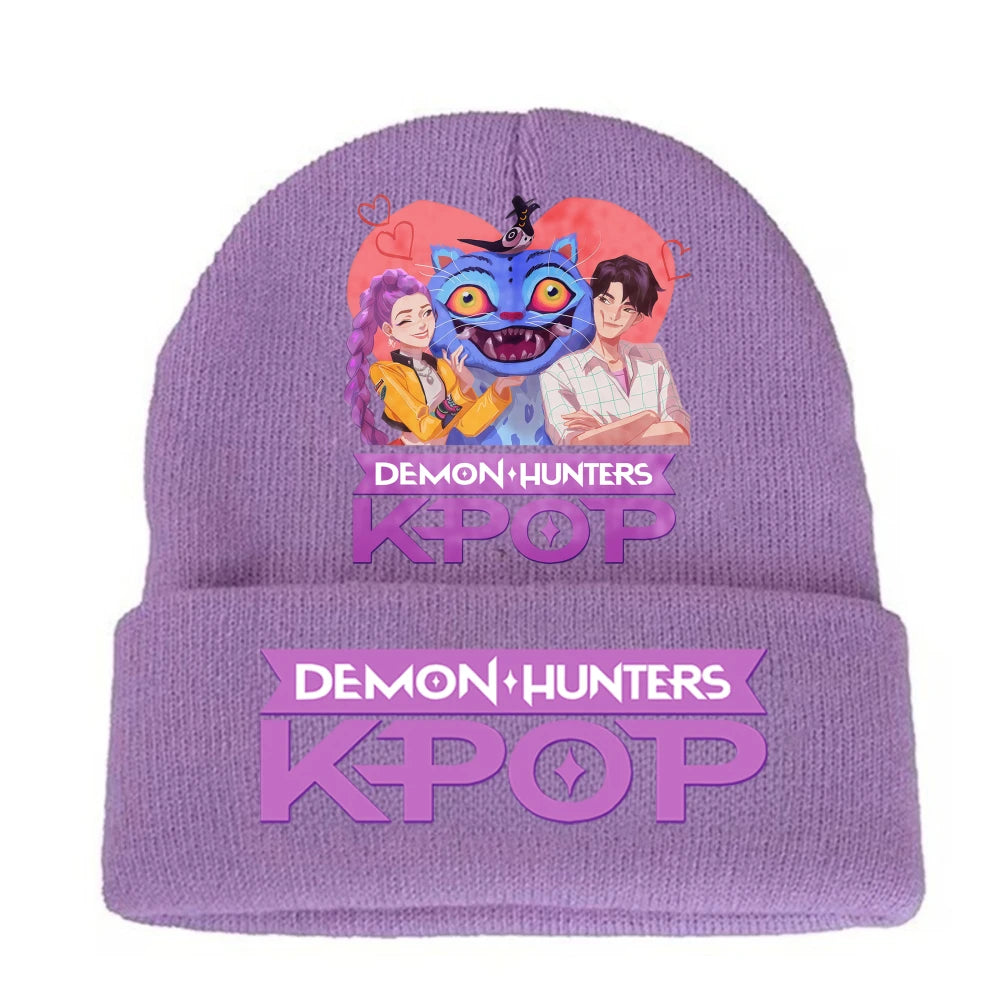 K-pop Demon Hunters Children Knit Hat Kawaii Cartoon Printed Beanie Autumn Girls Winter Outdoor Sports Warm Hat Birthday Gifts