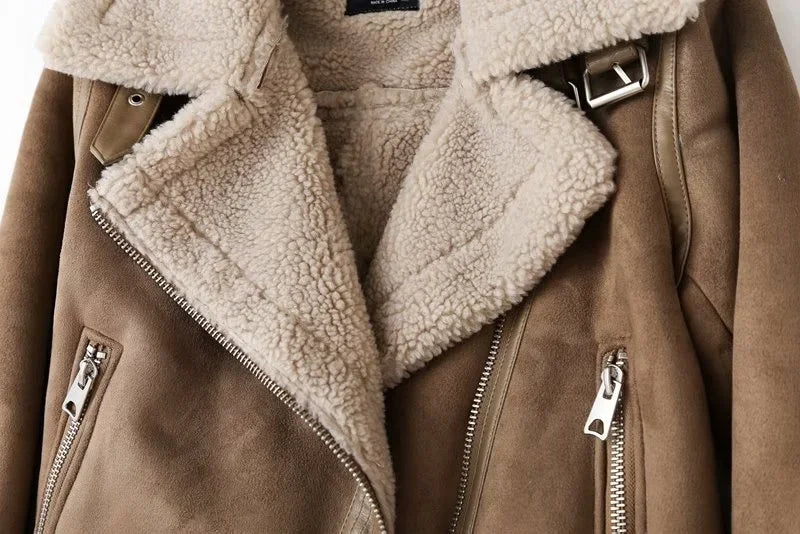 Faux Shearling Sheepskin Leather Jackets Lady Thick Warm Suede Lambs Motorcycle Brown Coats Mujer Chaqueta