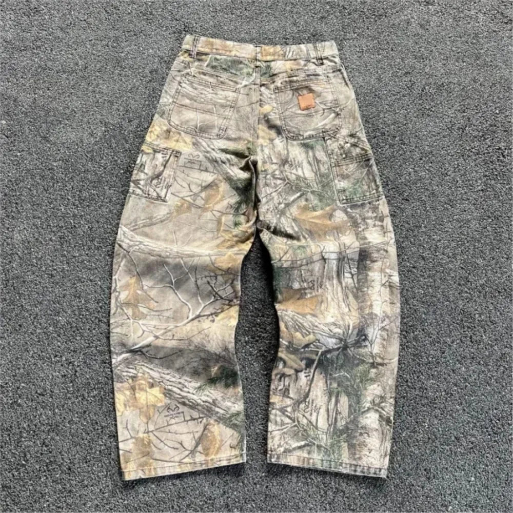 Men's Branch Camouflage Jeans American Style Old Washed Wide Leg Retro Loose Fashion Trend Street Straight Jeans Camo Pants Y2K