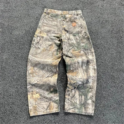 Men's Branch Camouflage Jeans American Style Old Washed Wide Leg Retro Loose Fashion Trend Street Straight Jeans Camo Pants Y2K