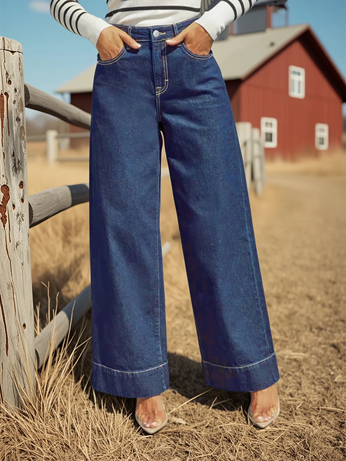 High Rise Straight Jeans - Classic dark blue washed stretch jeans with button placket, elegant and intellectual