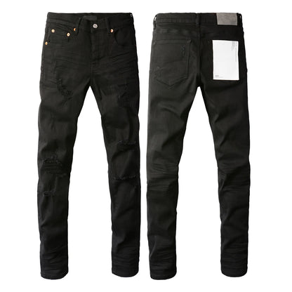 2025 Jeans Man's High Street Blue Ripped Distressed Skinny Jeans Low Rise Denim Trousers Fashion Repair Pants 9003