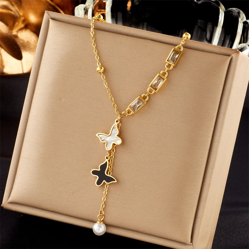 DIEYURO 316L Stainless Steel Heart Eye Square Butterfly Pendant Necklace For Women New Girls Choker Clavicle Chain Jewelry Gifts