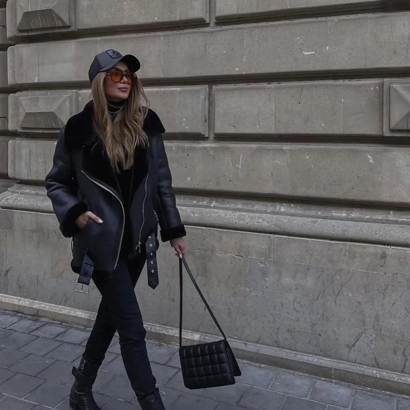 Faux Fur Jacket with Belt Streetwear Female Moto Biker Loose Thicken