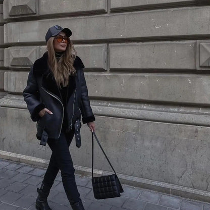 Faux Fur Jacket with Belt Streetwear Female Moto Biker Loose Thicken