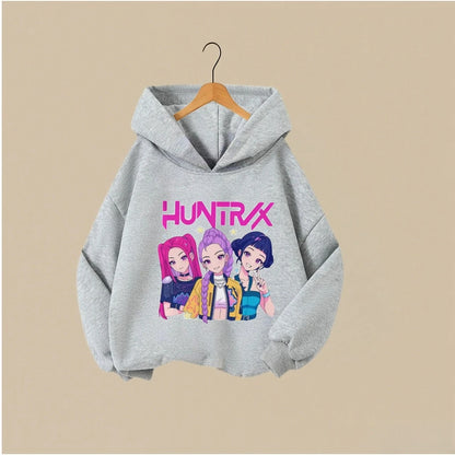 KPOP Hunters Huntrix Girl Fashion Clothes Kids Hoodie Cute Character Print With Star Casual Hooded Sweatshirt Boys Girls Costume