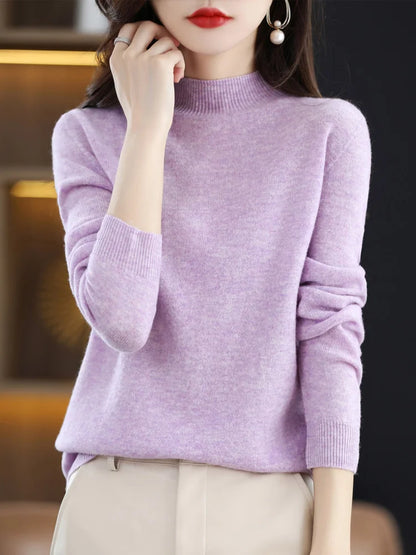 100% Merino Wool Sweater Mock-Neck Cashmere Pullover Long Sleeve