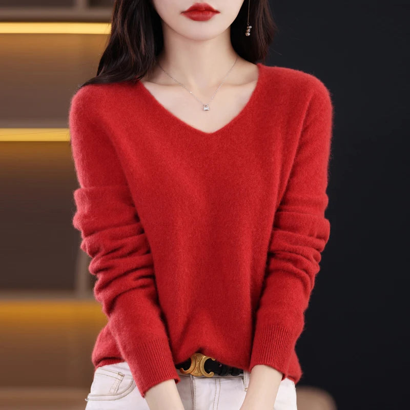 Knitted Pullover V-neck Loose Bottoming Shirt Solid
