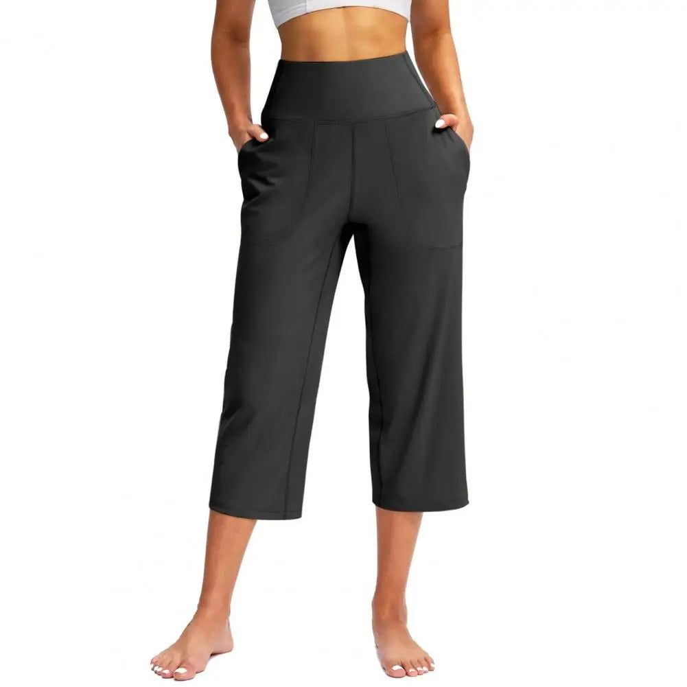 Women Elastic High Waist 3/4 Pant Casual Active Fit Wide Capris Leg Pants Trousers With Pockets Pants for Women Women’s Pants