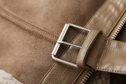 Faux Shearling Sheepskin Leather Jackets Lady Thick Warm Suede Lambs Motorcycle Brown Coats Mujer Chaqueta