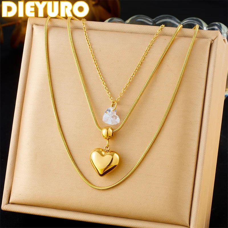 DIEYURO 316L Stainless Steel Golden Hollow Heart White Crystal Multilayer Necklace For Women New Fashion Neck Chain Jewelry Gift