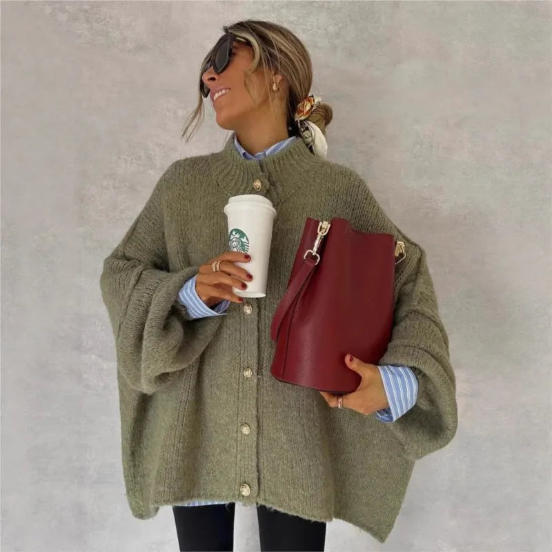 Basic Casual Women's Sweater Knit Solid color O-neck Single Breasted Oversize Cardigan