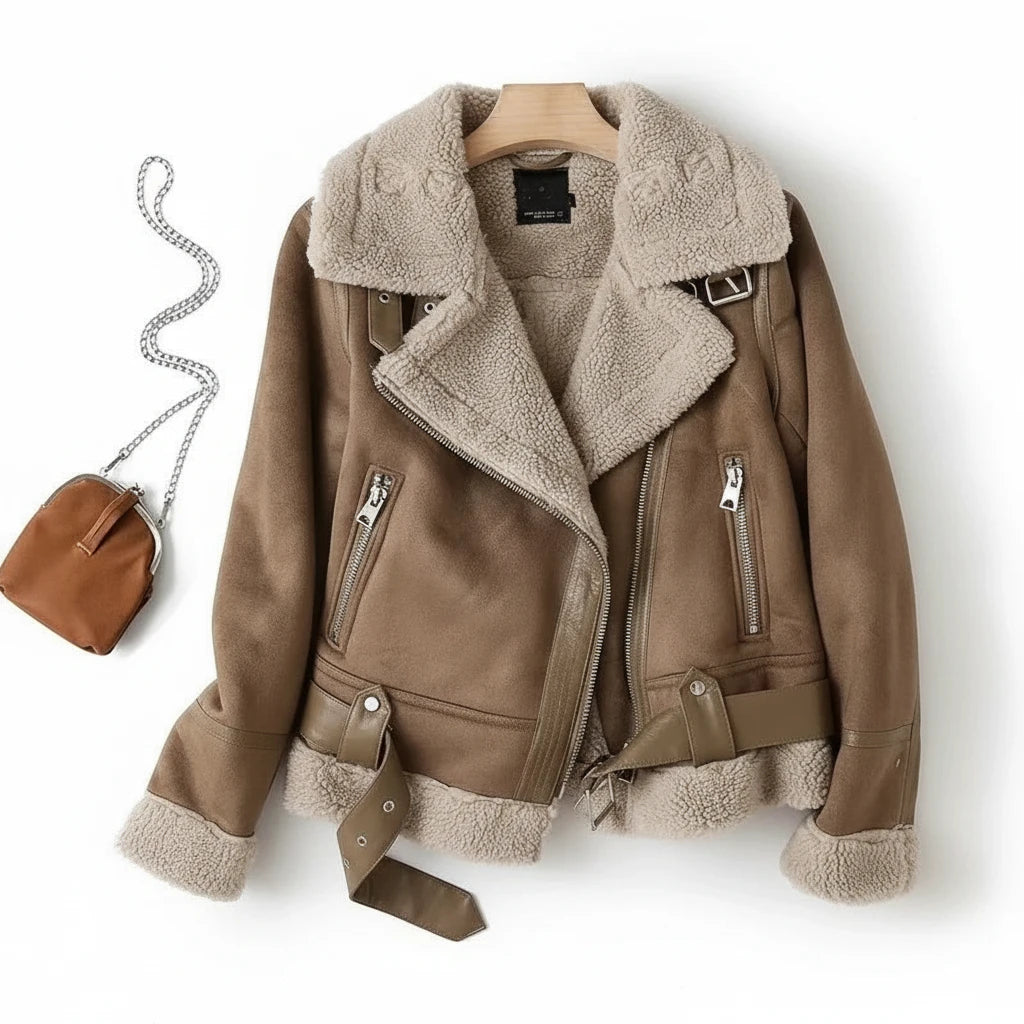 Faux Shearling Sheepskin Leather Jackets Lady Thick Warm Suede Lambs Motorcycle Brown Coats Mujer Chaqueta