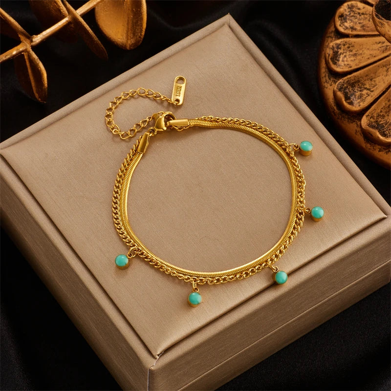 MEYRROYU 316 Stainless Steel Vintage Green Stone Heart Tassel Multilayer Charm Bracelet for Women Wedding Jewelry Beach брелок