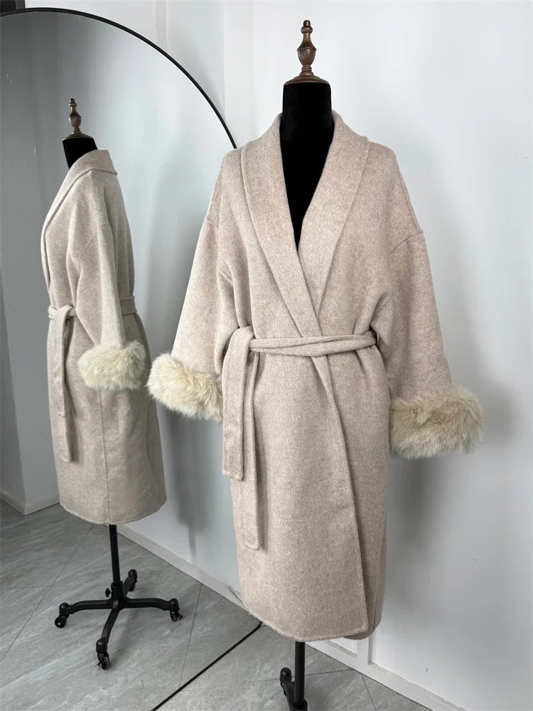 Tossy Fox Fur Wool Overcoat Women's Short Coat Office Lady Elegant Double-side Loose Wool