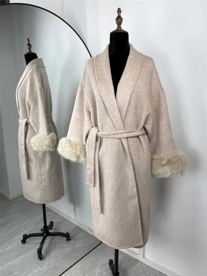 Tossy Fox Fur Wool Overcoat Women's Short Coat Office Lady Elegant Double-side Loose Wool