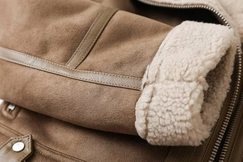 Faux Shearling Sheepskin Leather Jackets Lady Thick Warm Suede Lambs Motorcycle Brown Coats Mujer Chaqueta