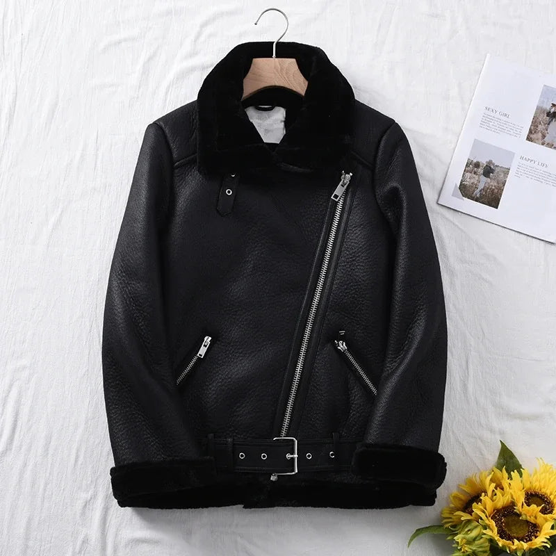 Faux Fur Jacket with Belt Streetwear Female Moto Biker Loose Thicken