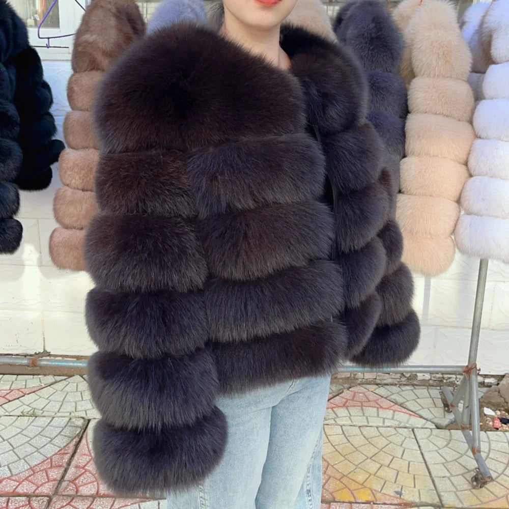 100% Fox Fur Coat Women's Fashion Brown