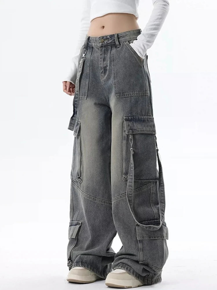 Cargo Jeans for Women Baggy High Street Chic All-match Daily Vintage Ins Waist Trousers Autumn Popular Multi-pockets Classic