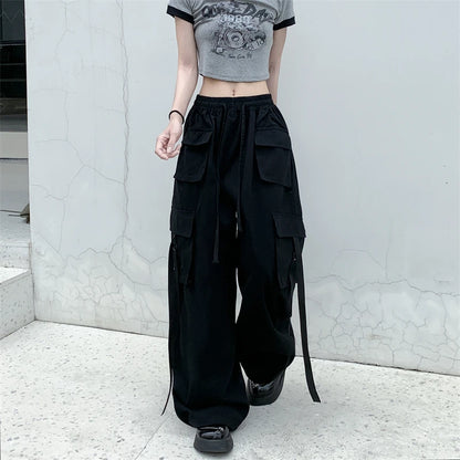Cotton High Street Cargo Pants for Women Men with Ribbon High Waist Wide Leg Hip-hop Cool Dances Pants Ladies