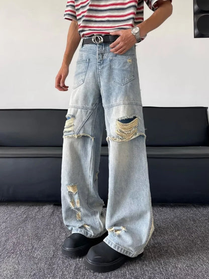 2025 Ropa Y2K Grunge Washed Blue Baggy Stacked Ripped Jeans Pants For Men Clothing Wide Leg Vintage Long Trousers Pantalon Homme